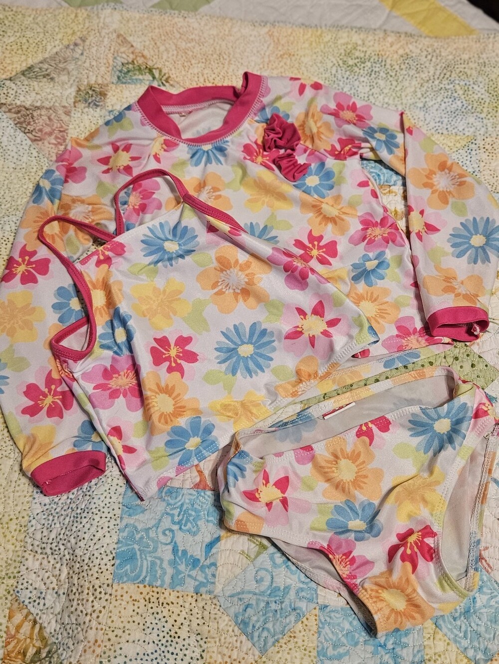 Girls Floral Pink Trim 3-Piece Swim Set, Sol Swim, Size 5